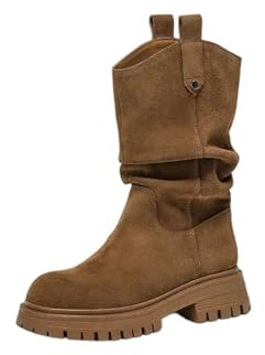 Womens Ruched Western Mid-Calf Boots Crafted From Suede Leather With Rivet Decoration And A Round Toe For A Handmade Artisanal Footwear Choice