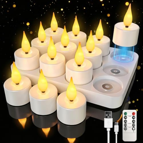 AONESY LED Teelichter Wiederaufladbar mit Magnetischer Ladestation, 13er Set Aufladbare Teelichter mit Fernbedienung & Timerfunktion, für Familien mit Kindern & Haustieren, Dekoration für Wohnzimmer