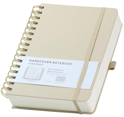 HOMEMARS Notizbuch A5 Kariert, Ringbuch A5,Notizblock Notizbuch Spiralbindung,300 Pages, 100 g/m²,14.8 cm x 21 cm,Elfenbein,Lederhülle, Notizblock für Frauen Männer Arbeit Büro,PU Leder