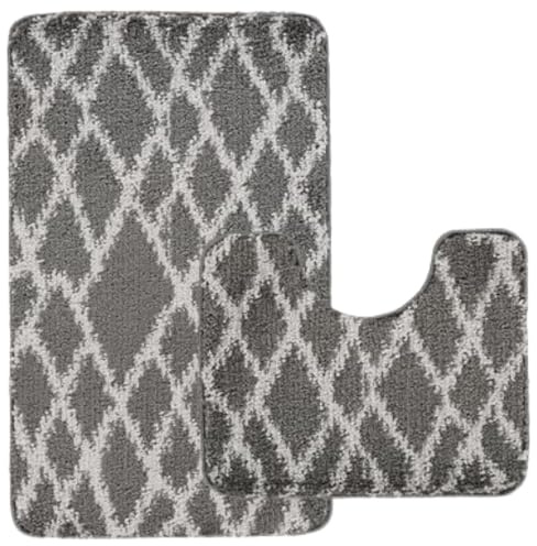 Nest & Nibble Bath Mats 2 Piece Set Non Slip Bath Mat & Toilet Rug – Soft Microfiber, Quick Dry, Machine Washable, Water Absorbent Shower Mats – Bathroom Carpet Essentials (Grey Design2, 50x80)