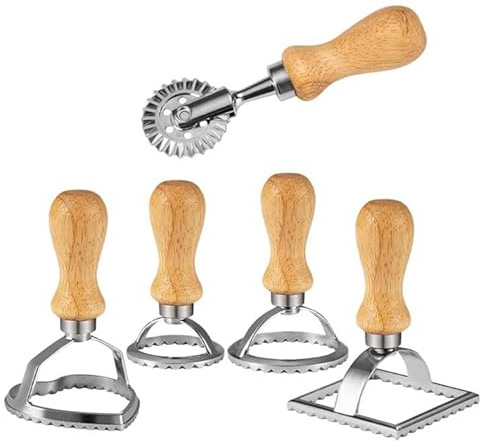 5 Stück Ravioli Ausstecher mit Holzgriff und Geriffelten Rand, Teigrädchen Gewellt, Teigtaschenformer, für Pasta, Knödel, Lasagne
