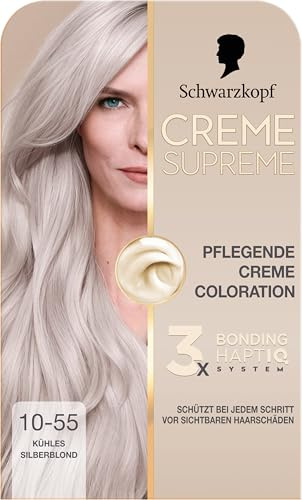 Schwarzkopf Creme Supreme Coloration 10-55 Kühles Silberblond (182 ml) | Pflegende Creme Coloration, intensive Haarfarbe mit 3x Bonding HaptIQ System, Colorationscreme mit 100% Grauabdeckung