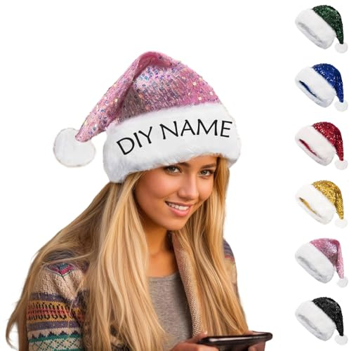 Weihnachtsmütze mit Pailletten, personalisierbar, mit besticktem Namen, glitzernde Weihnachtsmütze für Erwachsene und Kinder, perfekt für Weihnachts- und Neujahrspartys, personalisierte Partyhüte