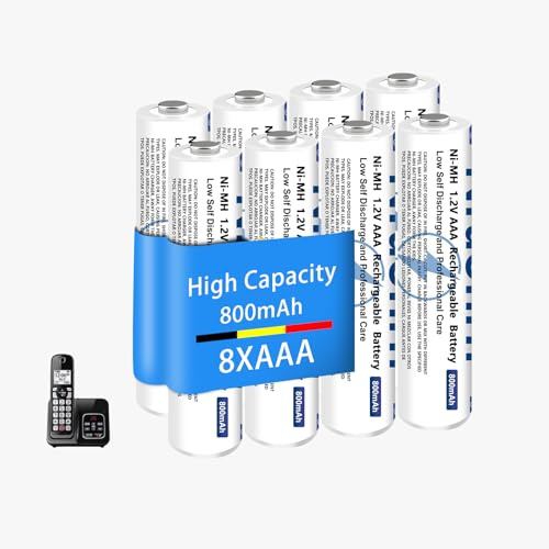 Lot de 8 Piles Rechargeables AAA NiMH 800 mAh, 1,2 V pour Téléphone Gigaset, AAA Batteries pour Téléphones sans Fil Panosonic, Puissance Longue durée - 2000 Cycles