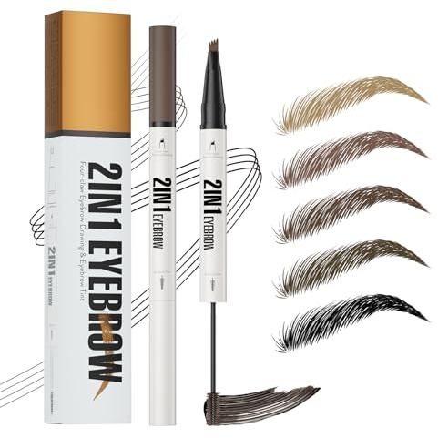 Microblading Augenbrauenstift Wasserfest, Augenbrauenfarbe mit Tint & 4 Mikrogabelspitzen, 2-in-1 Augenbrauenstift Härchenzeichnung, Eyebrow Pencil Wischfest, Langanhaltend, NatüRlicher (Hellbraun)