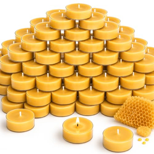 Uniteland 60 Stück Bienenwachs-Teelichter, 2 Stunden, 100 % reines natürliches Bienenwachskerzen für Zuhause, Bio-Teelichter für ätherische Öle, Meditation, Party, rauchfrei, ungiftig, Gelb