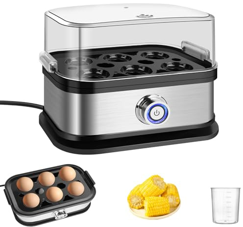 Rapid Egg Cooker, Electric Egg Cooking Machine, Stainless Steel Egg Boiler Large Capacity for 6 Eggs, Fast Boil for Hard-Boiled Eggs, Removable Egg Tray and Auto Shut-Off, Easy Clean, Portable Design
