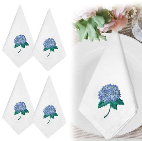 TSWNG 4 tovaglioli in tessuto bianco, 44 x 44 cm, tovaglioli con ricami floreali, in cotone, per la primavera, per matrimoni, compleanni, feste, decorazione da tavolo