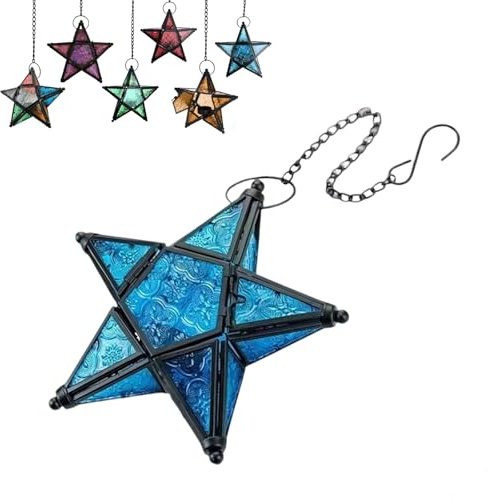 Moroccan Lantern Decorative – Star Shaped Stained Glass Tea Light Lantern with Metal Frame Hanging Candle Holder for Indoor Outdoor Patio Garden, Easy Hanging (Blue)