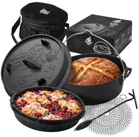 FEUERGOTT Dutch Oven Set 3,5 l ohne Füße Gusseisen Feuertopf Schwarz mit Deckelheber Ringreiniger Transporttasche Outdoor Kochtopf für Grill Feuerstelle Camping BBQ Brot Schmoren Braten