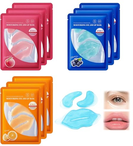 9 Pièces Masque Lèvre et Patch Yeux Collagène (3 Orange, 3 Myrtille, 3 Pêche), Masque Hydratant pour les Yeux et Lèvres, Soin Visage Femme, Coffret Beauté