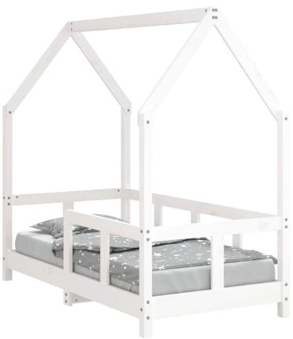 Cuna blanca de 70 x 140 cm, madera maciza de pino con somier y peldaños, convertible, con protección contra caídas, adecuada como cuna de bebé y cuna auxiliar para habitación infantil