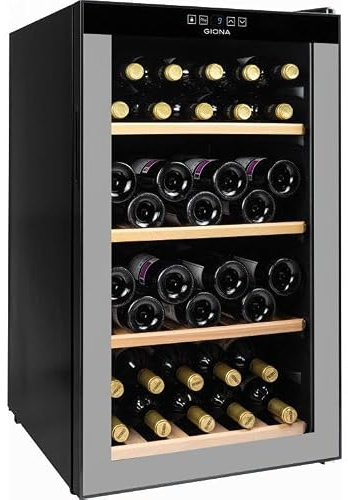 GIONA Cave à Vin de Service Mono Compartiment CVG50CF 50 Bouteilles - Noir | Étagères en Bois, Refroidissement Compresseur, 1 Température, Tous Types de Vins, Porte Vitrée