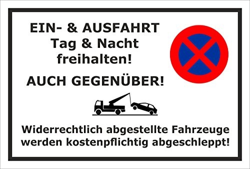 Melis-Folienwerkstatt Parken verboten Schild – EIN-und Ausfahrt Tag und Nacht freihalten - auch gegenüber – 30x20 cm – 3mm Aluverbund – Verschiedene Größen und Materialien