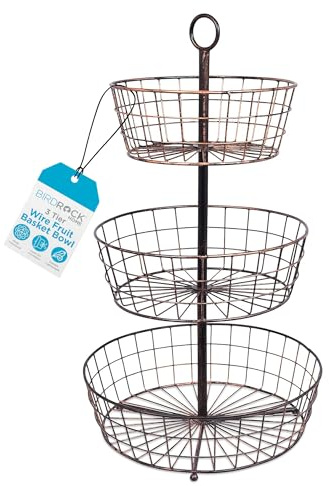 BIRDROCK HOME 3 Tier Wire Fruit Basket | Round Metal Standing Baskets | Fruit Vegetable Garlic Caddy | Freestanding Rustic Decorative Basket