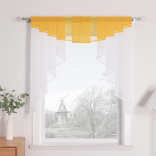 HongYa transparenter Voile Scheibengardine Tunnelzug Kurzstore Küche Kleinfenster Gardine H/B 145/140 cm Sonnengelb