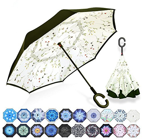 NNY Inc Parapluie double face coupe-vent et protecteur contre les UV - Pliable - Parapluie droit inversé pour hommes et femmes - Autoportant - Poignée en forme de C - pour golf/voitures (bégonia)