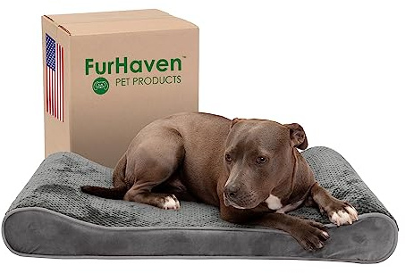 FurHaven Cooling Gel Dog Bed for Large/Medium Dogs w/Removable Washable Cover, For Dogs Up to 38 lbs - Minky Plush & Velvet Luxe Lounger Contour Mattress - Gray, Large