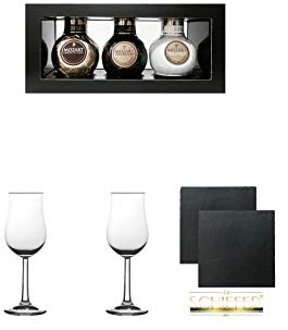 Mozart Milchschokolade Österreich 3 x 0,05 Liter + Nosing Gläser Kelchglas Bugatti mit Eichstrich 2cl und 4cl 2 Stück + Schiefer Glasuntersetzer 2 Stück