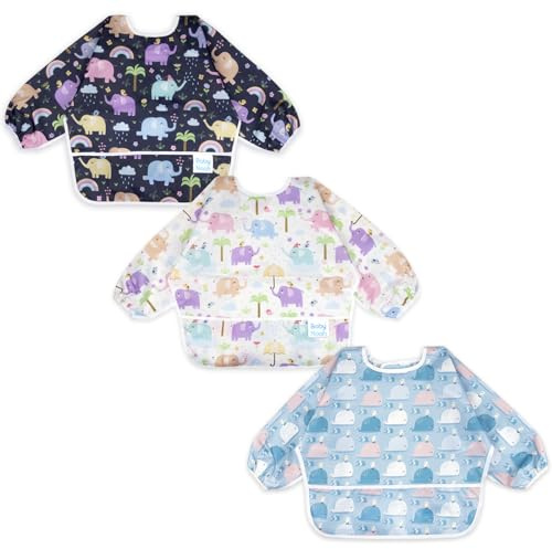 3 Pcs Long Sleeved Bib Set | Baby Waterproof Bibs with Pocket Bundle | Toddler Bib with Sleeves and Crumb Catcher | Stain and Odor Resistance Play Smock Apron - Pack of 3 | 6-24 Months