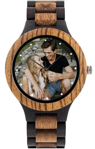 Personalized Customized Wooden Watch for Men Original Engraved Photo Natural Wood Watches with Adjustable Wristband for Birthday Anniversary Present for Husband Dad Son or Boyfriend (Colorful)
