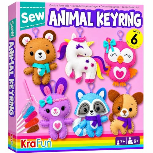 KRAFUN Kit de Couture Porte-Clés Licorne pour Enfants dès 7 Ans, 6 Projets Peluche (Hibou, Raton Laveur, Lapin, Licorne, Chiot), Feutre, Instructions, Jouet Éducatif