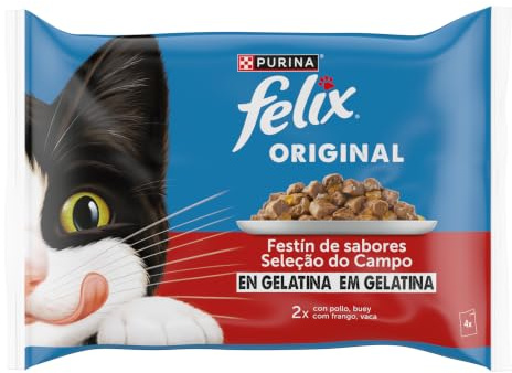 FELIX Original Comida Húmeda para Gatos Festín de Sabores, 4 Sobres Fáciles de Servir, Trozos en Gelatina, 2 Deliciosos Sabores, Nutrición 100% Completa y Equilibrada