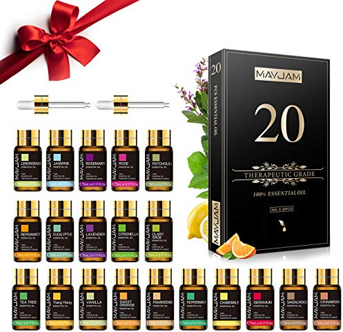 MAYJAM Coffret Huiles Essentielles 20pcs, Coffret Cadeau D'Huile Essentielle Pour Diffuseur, Humidificateur - Lavande Jasmin Eucalyptus Vanille Santal Orange Douce Rose Bergamote Et Plus