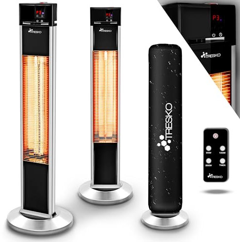 TRESKO Calefactor por Infrarrojos para Terraza | 2000W + Control Remoto | Estufa Radiante con 3 Temperaturas | Radiador Eléctrico para Exterior e Interior | Calentador con Pantalla LED