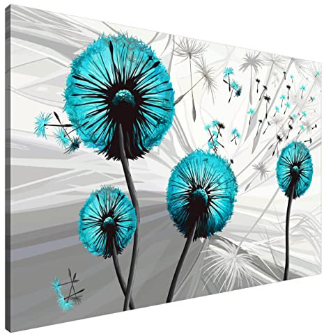 Estika Leinwand bilder - Pusteblume Türkis - 120x80 cm, 1 teilige kunstdruck - Wandbilder wohnzimmer, schlafzimmer, Moderne wanddeko, Bild auf leinwand - Abstrakt blumen bilder - 5031A_1B