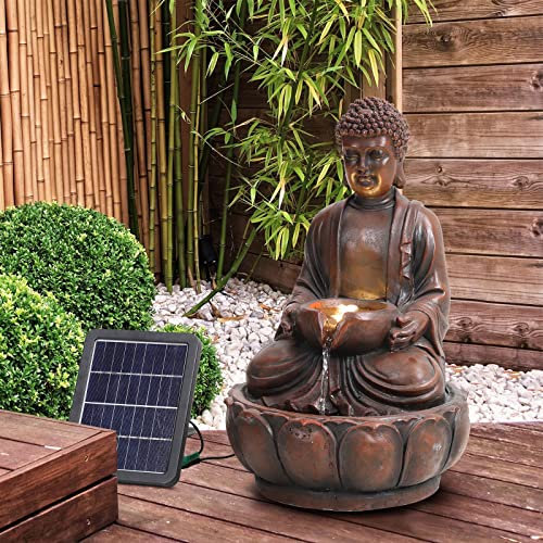 BTGGG Solar Powered Garden Water Feature Indoor/Outdoor Fountain Meditating Buddha Water Fountain Yard Garden Water Feature with LED Light Statues Patio Decoration