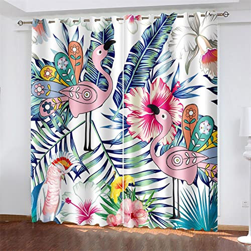 MTBDyyds Verdunkelungsvorhänge 3D Drucken 270X245Cm Bunt Blumen Pflanzen Flamingos Verdunklungsvorhänge Kinderzimmer 2 Stück Vorhang Blickdicht Ösenschal Kindergardinen Junge Verdunklungsgardine
