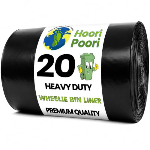 HooriPoori 20 Super Strong Thick Heavy Duty Wheelie Bin Liners 240 Litre Large Wheelie Bin Bags Black Refuse Sacks Trash Bags For Home, Garden Kitchen House Office Rubbish 100% Recycled Material