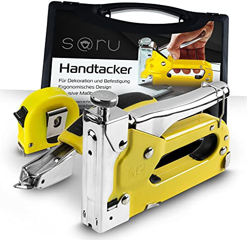 Saru 3-in-1 Handtacker mit Klammern- Tackerentferner - Tacker für Holz -Tackerpistole für Dekoration & Befestigung - Hilfreiche Bindungsrille - Inkl. Maßband & Tacker - Plastikbox
