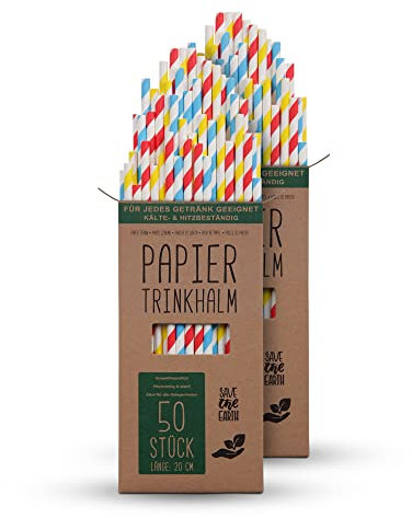 Trinkhalme Papier (100 Stück) 100% biologisch abbaubar - Bunte Nachhaltige Papierstrohhalme 100% Kraftpapier - robust, stabil und Umweltfreundlich