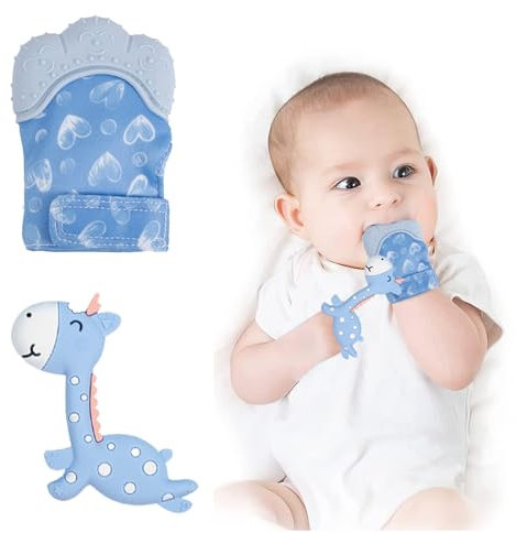 Roontin Baby Teething Set - 2 Pack Teething Mitten & Giraffe Teething Toy for Soothing Pain Relief - Blue