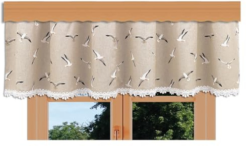 kollektion MT Querbehang Ilma Möwe mit Vogtländischer Spitze – hochwertige Landhaus-Gardine in Natur | maritimer Baumwollstoff Blickdicht | Volant mit Reihband Höhe x Breite 30 x 280 cm
