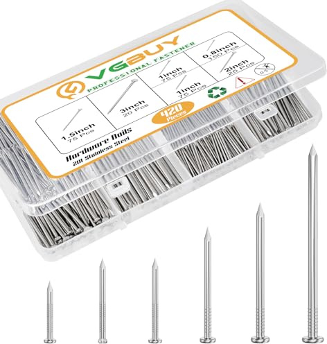 VGBUY Edelstahl-Nägel-Sortiment, bis zu 7,6 cm lange Nägel zum Aufhängen von Bildern, 6 Größen zum Aufhängen von Bildern, kleine Nägel, Wandnägel, Holznägel, Finishing-Nägel, 420 Stück