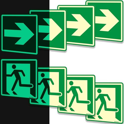 Ashoaza cartel salida de emergencia homologado, Paquete de 8 señales de salida, Salida de emergencia escaleras a la derecha (15 x 15 cm), (salida de emergencia homologada)