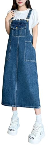 Petalum Women Denim Overall Dress Casual Loose Sleeveless Adjustable Straps Jeans Pinafore Dress Mid Length Bib A-Line Maxi Dress with Pocket