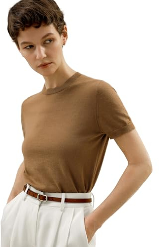 LilySilk 100% Kaschmir Pullover für Damen mit kurzen Ärmeln und rundem Ausschnitt, leichtes Basismodell für Frühling und Sommer(Toffee,S)