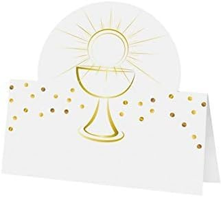 Platzkarten Kommunion & Konfirmation blanko Tischkarten mit Kelch & Sonne weiß & Gold Tisch-Deko christliche Symbole für Firmung & Taufe 18 Tischkarten