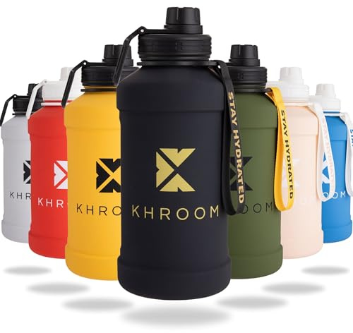 Khroom Edelstahl Trinkflasche 1,3L & 2,2L – Kohlensäure geeignet, auslaufsicher, spülmaschinenfest, einwandig, BPA-frei | Metall Outdoorflasche | 1 Liter Wasserflasche | Sportflasche Schwarz