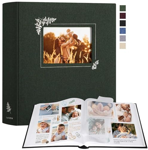 Lanpn Album Fotografico Scrapbooking, Grande Lino Design della finestra DIY Scrapbook 100 pagine bianche con divisori di cellofan per foto 9x13 cm 10x15 cm 13x18 cm (30x33,5cm, Verde)