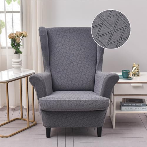 Highdi 2-Teilig Ohrensessel Überzug, Sessel-Überwürfe Ohrensessel Geometrie Jacquard Schonbezüge Bezug Sesselhusse Strandmon Tiger Stuhlbezug mit Armlehne Hohe Rückenlehne (Dunkelgrau)