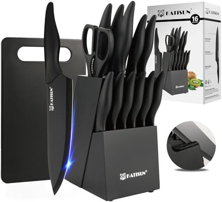 KATISUN Professional Knife Set with Knife Block and Sharpener (16 pcs), Includes Chef Knife, Kitchen Knife Set with Scissors, Cutting Board, and Wooden Block - German Stainless Steel