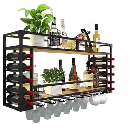 zxhrybh Weinregal zur Wandmontage mit Lichtern, Industrielles Wand-Barschrank aus Metall, 2-Stufiges Weinschrank, für Bar, Zuhause, Küche, Dekor, Barregale (Color : Black, Size : 39.3in/100cm)