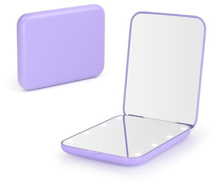 Kintion Espejo de bolsillo con luz LED pequeño, espejo de bolsillo con aumento 1x/3x, espejo con iluminación, espejo plegable con luz, color lila