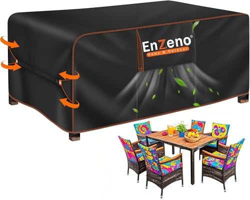 Enzeno Funda para Mesa de Jardín Resistente Impermeable,150 x 90 x 74 cm,Tela Oxford 420D para Muebles de Salón,Fundas Protectora para Muebles de Salón,Cubierta de Salón con Salida de Aire para