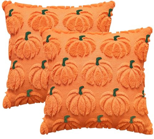 2 Stück Kürbis Kissenbezug Herbst 45x45 cm Kopfkissenbezug mit Kürbismuster Kissenhülle Herbst Weicher Plüsch Sofakissenbezüge Herbstdekoration für Wohnzimmer Sofa Garten Schlafzimmer Outdoor